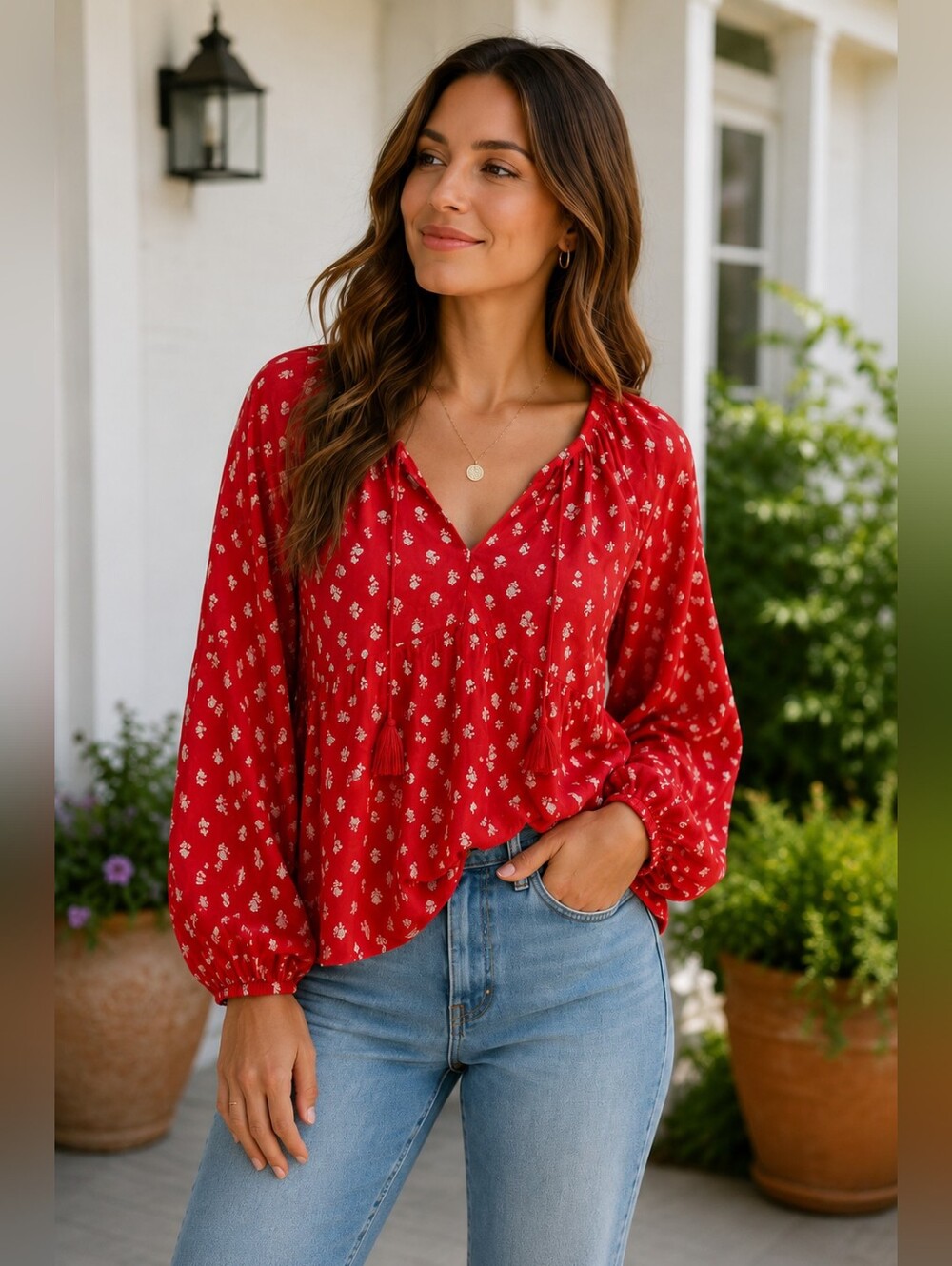 Old Navy Peasant Top - Red White Floral, Size S
